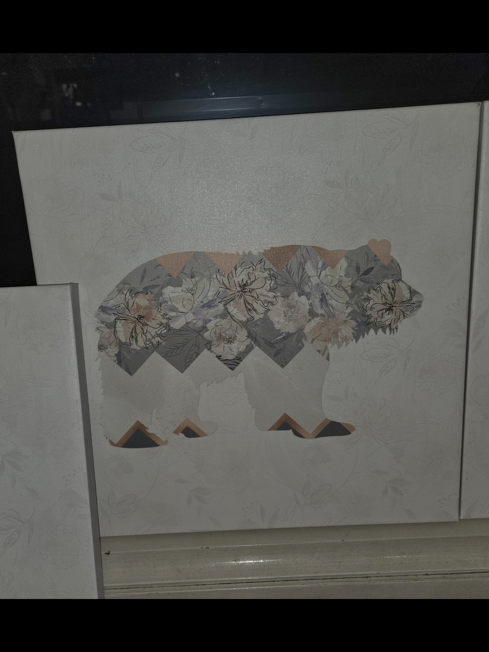 Floral Geometric Bear Canvas Wall Art - White, Gray & Peach